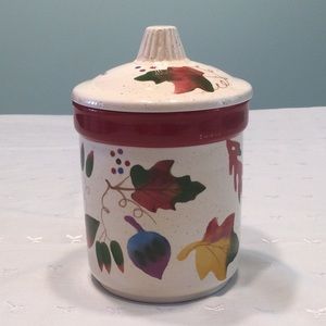 Painted Leaves Ceramic Crock with Lid & Candle NWOT